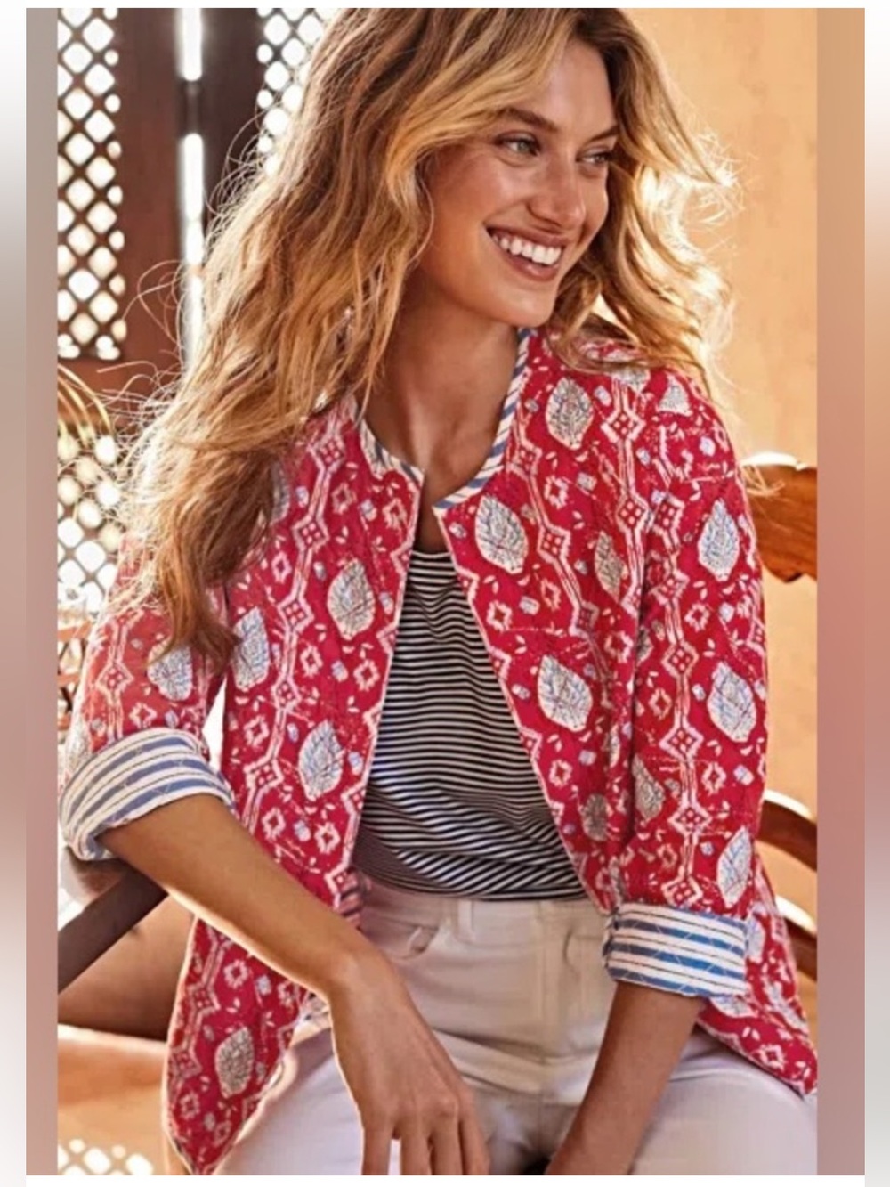 J Jill Red White & Blue Paisley Cotton Floral Quilted Jacket Size Medium